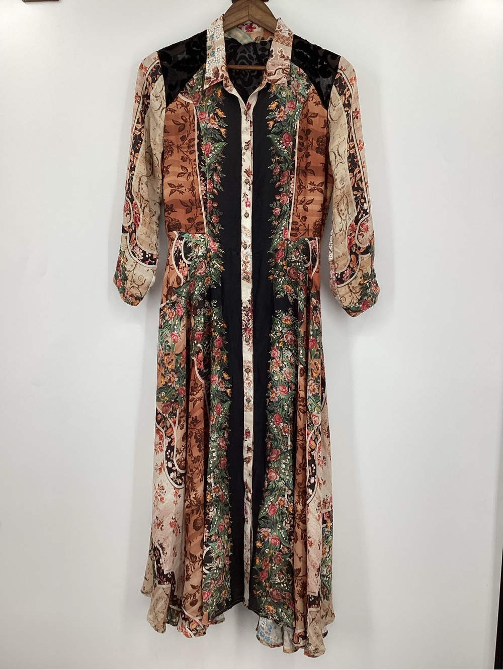 Floral Patchwork Button-Front Maxi Dress in Brown and Black